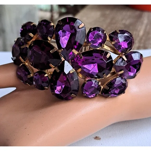 VTG Bold N Beautiful Purple Rhinestone Clamper Bracelet 1960's - Picture 4 of 16